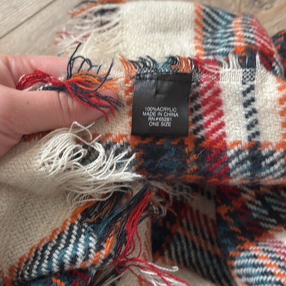 Plaid Blanket Scarf Orange Red Navy and Cream - Picture 3 of 3